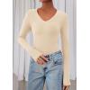 image:imagePRETTYGARDEN Womens Long Sleeve T Shirts 2026 Fall Trendy Deep V Neck Slim Fit Basic Crop Tops Casual Going Out TopBeige