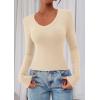 image:imagePRETTYGARDEN Womens Long Sleeve T Shirts 2026 Fall Trendy Deep V Neck Slim Fit Basic Crop Tops Casual Going Out TopBeige