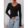 image:imagePRETTYGARDEN Womens Long Sleeve T Shirts 2026 Fall Trendy Deep V Neck Slim Fit Basic Crop Tops Casual Going Out TopBlack