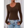 image:imagePRETTYGARDEN Womens Long Sleeve T Shirts 2026 Fall Trendy Deep V Neck Slim Fit Basic Crop Tops Casual Going Out TopBrown