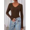 image:imagePRETTYGARDEN Womens Long Sleeve T Shirts 2026 Fall Trendy Deep V Neck Slim Fit Basic Crop Tops Casual Going Out TopBrown