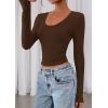 image:imagePRETTYGARDEN Womens Long Sleeve T Shirts 2026 Fall Trendy Deep V Neck Slim Fit Basic Crop Tops Casual Going Out TopBrown
