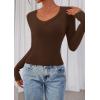 image:imagePRETTYGARDEN Womens Long Sleeve T Shirts 2026 Fall Trendy Deep V Neck Slim Fit Basic Crop Tops Casual Going Out TopBrown