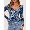 image:imagePRETTYGARDEN Womens Long Sleeve T Shirts 2026 Fall Trendy Deep V Neck Slim Fit Basic Crop Tops Casual Going Out TopDark Blue Floral