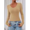 image:imagePRETTYGARDEN Womens Long Sleeve T Shirts 2026 Fall Trendy Deep V Neck Slim Fit Basic Crop Tops Casual Going Out TopKhaki