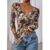image:imagePRETTYGARDEN Womens Long Sleeve T Shirts 2026 Fall Trendy Deep V Neck Slim Fit Basic Crop Tops Casual Going Out TopKhaki Floral