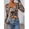 image:imagePRETTYGARDEN Womens Long Sleeve T Shirts 2026 Fall Trendy Deep V Neck Slim Fit Basic Crop Tops Casual Going Out TopKhaki Floral