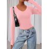 image:imagePRETTYGARDEN Womens Long Sleeve T Shirts 2026 Fall Trendy Deep V Neck Slim Fit Basic Crop Tops Casual Going Out TopPink