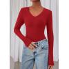 image:imagePRETTYGARDEN Womens Long Sleeve T Shirts 2026 Fall Trendy Deep V Neck Slim Fit Basic Crop Tops Casual Going Out TopRed