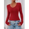 image:imagePRETTYGARDEN Womens Long Sleeve T Shirts 2026 Fall Trendy Deep V Neck Slim Fit Basic Crop Tops Casual Going Out TopRed