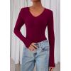 image:imagePRETTYGARDEN Womens Long Sleeve T Shirts 2026 Fall Trendy Deep V Neck Slim Fit Basic Crop Tops Casual Going Out TopWine Red