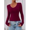 image:imagePRETTYGARDEN Womens Long Sleeve T Shirts 2026 Fall Trendy Deep V Neck Slim Fit Basic Crop Tops Casual Going Out TopWine Red