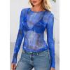image:imagePRETTYGARDEN Womens Mesh Long Sleeve Spring Top 2026 Trendy Summer See Through Sheer Blouse Fitted Going Out Layering ShirtsFloral Brilliant Blue