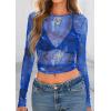 image:imagePRETTYGARDEN Womens Mesh Long Sleeve Spring Top 2026 Trendy Summer See Through Sheer Blouse Fitted Going Out Layering ShirtsFloral Brilliant Blue