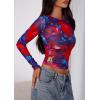 image:imagePRETTYGARDEN Womens Mesh Long Sleeve Spring Top 2026 Trendy Summer See Through Sheer Blouse Fitted Going Out Layering ShirtsFloral Navy Red
