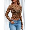 image:imagePRETTYGARDEN Womens Mesh Long Sleeve Spring Top 2026 Trendy Summer See Through Sheer Blouse Fitted Going Out Layering ShirtsLeopard Brown