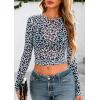 image:imagePRETTYGARDEN Womens Mesh Long Sleeve Spring Top 2026 Trendy Summer See Through Sheer Blouse Fitted Going Out Layering ShirtsLeopard Light Blue