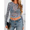 image:imagePRETTYGARDEN Womens Mesh Long Sleeve Spring Top 2026 Trendy Summer See Through Sheer Blouse Fitted Going Out Layering ShirtsLeopard Light Blue