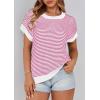 image:imagePRETTYGARDEN Womens Short Sleeve Sweater Spring Summer 2026 Round Neck Striped Pullover Cap Sleeve Knit Sweater Vest TopsRose Red