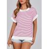 image:imagePRETTYGARDEN Womens Short Sleeve Sweater Spring Summer 2026 Round Neck Striped Pullover Cap Sleeve Knit Sweater Vest TopsRose Red