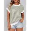 image:imagePRETTYGARDEN Womens Short Sleeve Sweater Spring Summer 2026 Round Neck Striped Pullover Cap Sleeve Knit Sweater Vest TopsStriped White Army Green