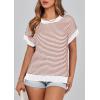 image:imagePRETTYGARDEN Womens Short Sleeve Sweater Spring Summer 2026 Round Neck Striped Pullover Cap Sleeve Knit Sweater Vest TopsStriped White Red