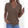 image:imagePRETTYGARDEN Womens Short Sleeve Sweater V Neck Trendy Pullover Tops 2026 Summer Spring Loose Lightweight Casual BlouseLight Brown