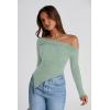 image:imagePRETTYGARDEN Womens Spring Long Sleeve Y2K Crop Top Trendy Off Shoulder Asymmetrical Fitted Knit Tee Shirts Going Out TopsBean Green