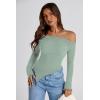 image:imagePRETTYGARDEN Womens Spring Long Sleeve Y2K Crop Top Trendy Off Shoulder Asymmetrical Fitted Knit Tee Shirts Going Out TopsBean Green