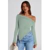 image:imagePRETTYGARDEN Womens Spring Long Sleeve Y2K Crop Top Trendy Off Shoulder Asymmetrical Fitted Knit Tee Shirts Going Out TopsBean Green