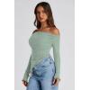 image:imagePRETTYGARDEN Womens Spring Long Sleeve Y2K Crop Top Trendy Off Shoulder Asymmetrical Fitted Knit Tee Shirts Going Out TopsBean Green