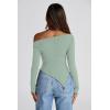 image:imagePRETTYGARDEN Womens Spring Long Sleeve Y2K Crop Top Trendy Off Shoulder Asymmetrical Fitted Knit Tee Shirts Going Out TopsBean Green