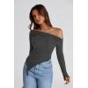 image:imagePRETTYGARDEN Womens Spring Long Sleeve Y2K Crop Top Trendy Off Shoulder Asymmetrical Fitted Knit Tee Shirts Going Out TopsBlack