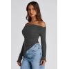 image:imagePRETTYGARDEN Womens Spring Long Sleeve Y2K Crop Top Trendy Off Shoulder Asymmetrical Fitted Knit Tee Shirts Going Out TopsBlack