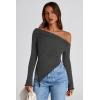 image:imagePRETTYGARDEN Womens Spring Long Sleeve Y2K Crop Top Trendy Off Shoulder Asymmetrical Fitted Knit Tee Shirts Going Out TopsBlack