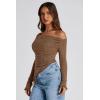 image:imagePRETTYGARDEN Womens Spring Long Sleeve Y2K Crop Top Trendy Off Shoulder Asymmetrical Fitted Knit Tee Shirts Going Out TopsBrown