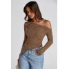 image:imagePRETTYGARDEN Womens Spring Long Sleeve Y2K Crop Top Trendy Off Shoulder Asymmetrical Fitted Knit Tee Shirts Going Out TopsBrown