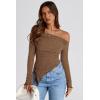 image:imagePRETTYGARDEN Womens Spring Long Sleeve Y2K Crop Top Trendy Off Shoulder Asymmetrical Fitted Knit Tee Shirts Going Out TopsBrown