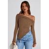 image:imagePRETTYGARDEN Womens Spring Long Sleeve Y2K Crop Top Trendy Off Shoulder Asymmetrical Fitted Knit Tee Shirts Going Out TopsBrown