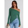 image:imagePRETTYGARDEN Womens Spring Long Sleeve Y2K Crop Top Trendy Off Shoulder Asymmetrical Fitted Knit Tee Shirts Going Out TopsDark Green