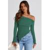 image:imagePRETTYGARDEN Womens Spring Long Sleeve Y2K Crop Top Trendy Off Shoulder Asymmetrical Fitted Knit Tee Shirts Going Out TopsDark Green