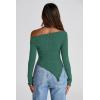 image:imagePRETTYGARDEN Womens Spring Long Sleeve Y2K Crop Top Trendy Off Shoulder Asymmetrical Fitted Knit Tee Shirts Going Out TopsDark Green