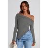 image:imagePRETTYGARDEN Womens Spring Long Sleeve Y2K Crop Top Trendy Off Shoulder Asymmetrical Fitted Knit Tee Shirts Going Out TopsGrey