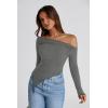 image:imagePRETTYGARDEN Womens Spring Long Sleeve Y2K Crop Top Trendy Off Shoulder Asymmetrical Fitted Knit Tee Shirts Going Out TopsGrey