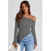 image:imagePRETTYGARDEN Womens Spring Long Sleeve Y2K Crop Top Trendy Off Shoulder Asymmetrical Fitted Knit Tee Shirts Going Out TopsGrey