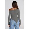 image:imagePRETTYGARDEN Womens Spring Long Sleeve Y2K Crop Top Trendy Off Shoulder Asymmetrical Fitted Knit Tee Shirts Going Out TopsGrey
