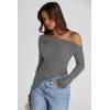 image:imagePRETTYGARDEN Womens Spring Long Sleeve Y2K Crop Top Trendy Off Shoulder Asymmetrical Fitted Knit Tee Shirts Going Out TopsGrey