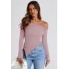 image:imagePRETTYGARDEN Womens Spring Long Sleeve Y2K Crop Top Trendy Off Shoulder Asymmetrical Fitted Knit Tee Shirts Going Out TopsGrey Pink