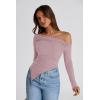 image:imagePRETTYGARDEN Womens Spring Long Sleeve Y2K Crop Top Trendy Off Shoulder Asymmetrical Fitted Knit Tee Shirts Going Out TopsGrey Pink