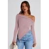 image:imagePRETTYGARDEN Womens Spring Long Sleeve Y2K Crop Top Trendy Off Shoulder Asymmetrical Fitted Knit Tee Shirts Going Out TopsGrey Pink